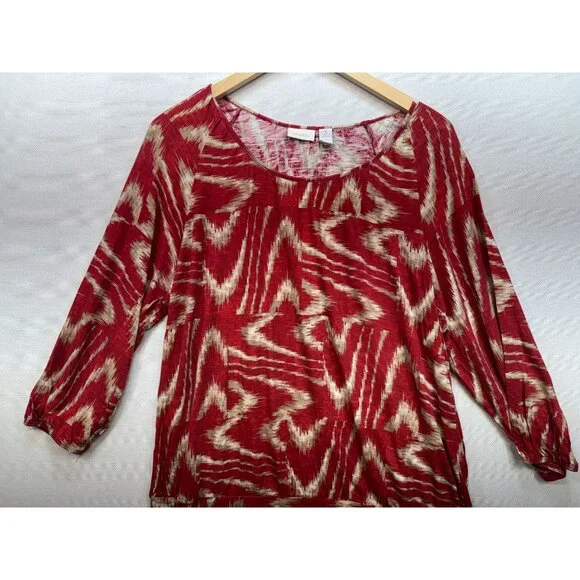 Chicos Womens Knitted Blouse Size 3 Red Abstract 3/4 Sleeve Retro Pullover Y2K - Picture 6 of 12